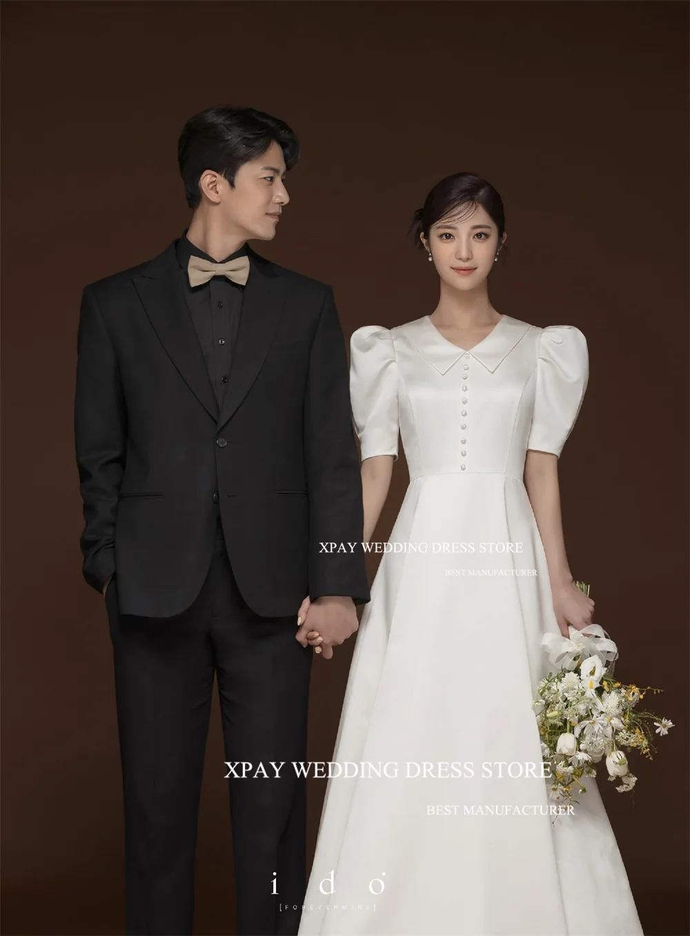 XPAY V Neck Simple Korea Wedding Dresses Short Lantern Sleeves Bridal Gowns Customised Floor Length Satin A Line Bride Dress 2
