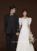 XPAY V Neck Simple Korea Wedding Dresses Short Lantern Sleeves Bridal Gowns Customised Floor Length Satin A Line Bride Dress 2