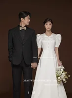 XPAY V Neck Simple Korea Wedding Dresses Short Lantern Sleeves Bridal Gowns Customised Floor Length Satin A Line Bride Dress 2