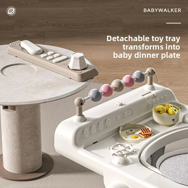 2 in 1 Baby Walker with Wheel, Toddler Baby Push Walker with Removable Feeding Tray and Music Tray(No Battery), Foldable Walker 5