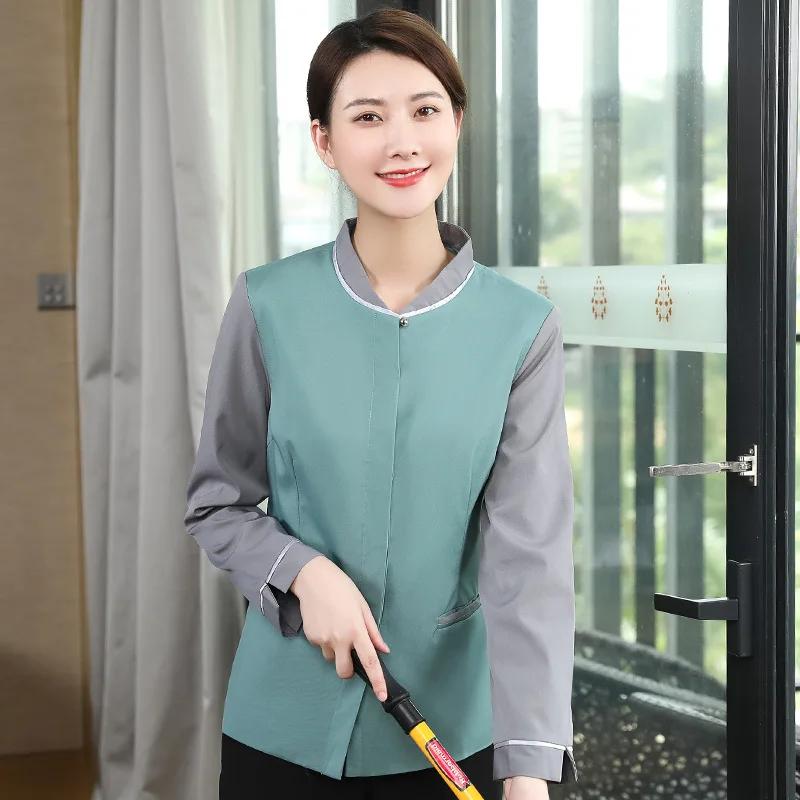 

Small round Neck Cleaning Work Clothes Female Hotel Guest Room Hospital Cleaner Aunt Long Sleeve Community Property Housek