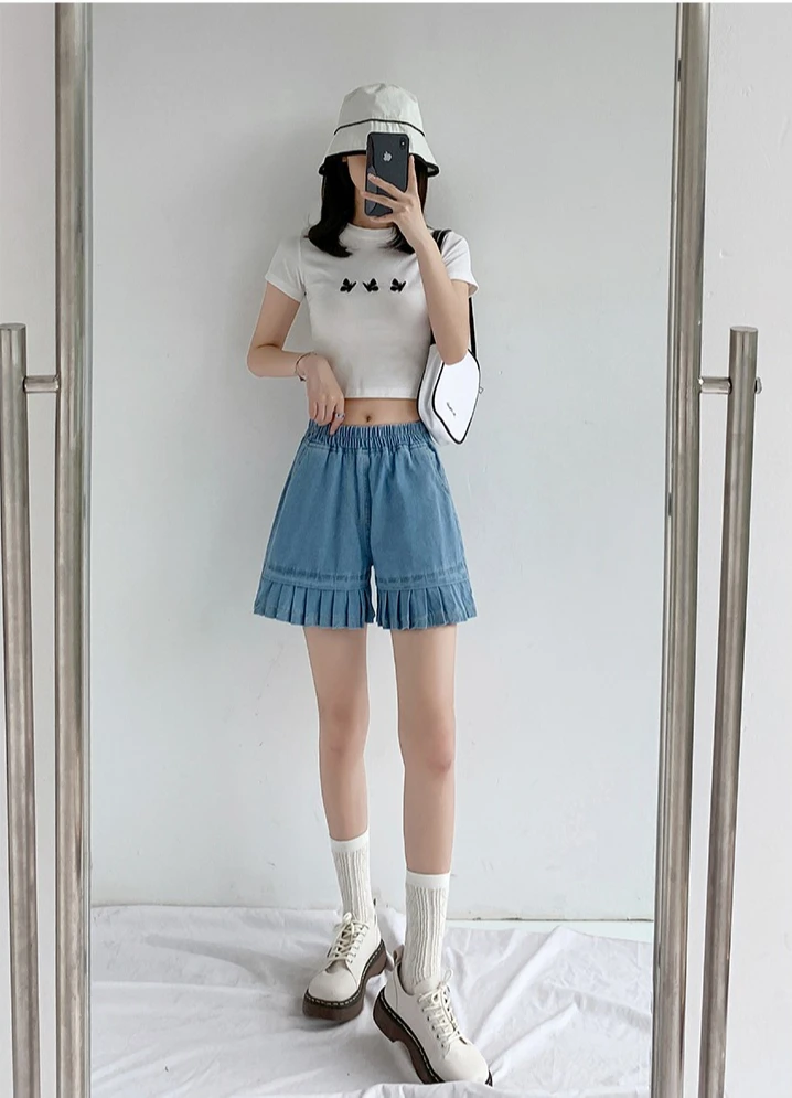 2026 frauen Breite Bein Fünf Viertel Hosen Lose Rüschen Gespleißt Jeans Shorts Sommer Neue Stil Casual Vielseitige Kurze Hosen – Detail 24