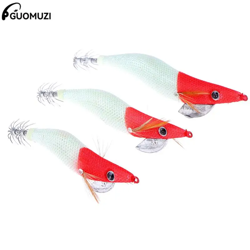 1pc Luminous Squid Jigs 2.5# 3.0# 3.5# Glow Wood Black White Red head Shrimp with Octopus Hooks Cuttlefish Fishing Lure