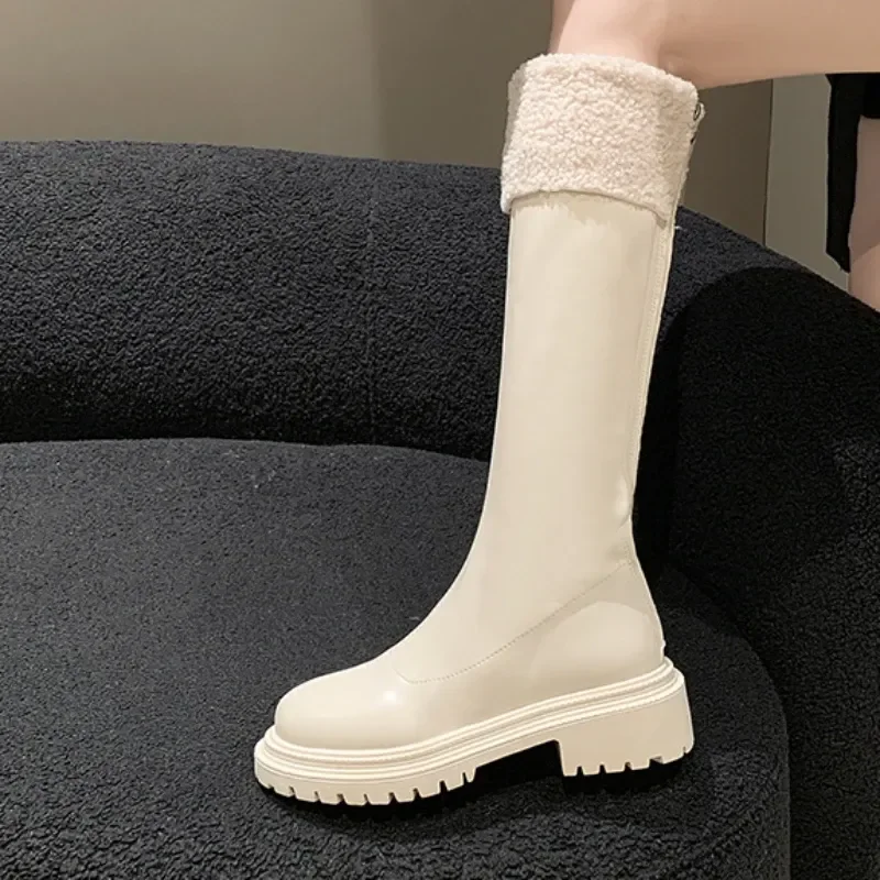 New Hot Sale Zipper Women's Boots Winter Round Toe Solid Plush Warm Mid-Calf Platform Water Proof Fashion Boots Plus Size 41 42