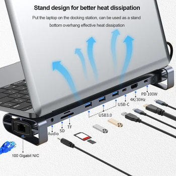 10 in 1 USB Hub Dock AUX HD-compatible VGA Adapter USB C Laptop Docking Station USB 3.0 5Gbps Data Ports for Macbook Huawei 1
