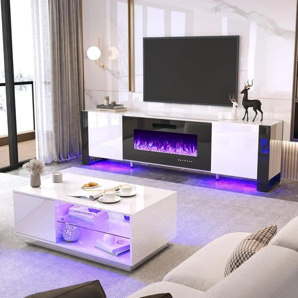 3 Piece Living Room Table Sets, 70" Modern TV Stand LED Lights,36" Electric Fireplace,40" Coffee Tables for Living Room,TV Stand