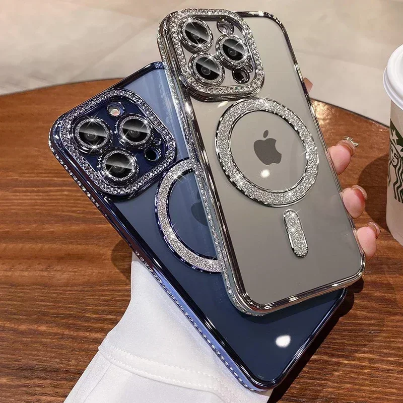 Crystal Clear Bling Phone Case with MagSafe Compatibility and Wireless Charging Lens Cover