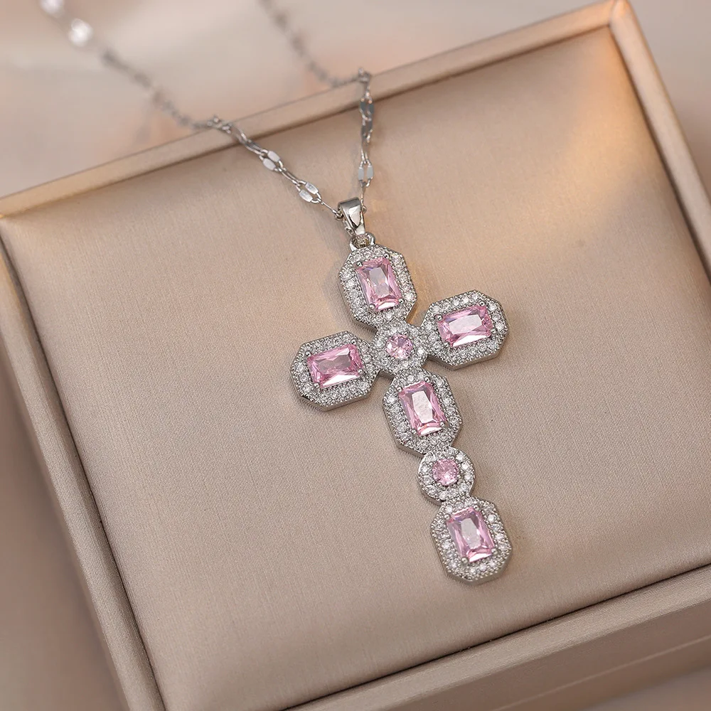 Luxusní velký kříž přívěsek klíční kost náhrdelníky pro ženy stříbro zlato barva hranatý růžová bělouš zirkon tlumič valentýn šperků dárky