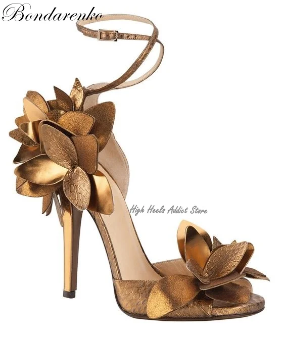 Sandalias de tacón de aguja con flores doradas para mujer, zapatos