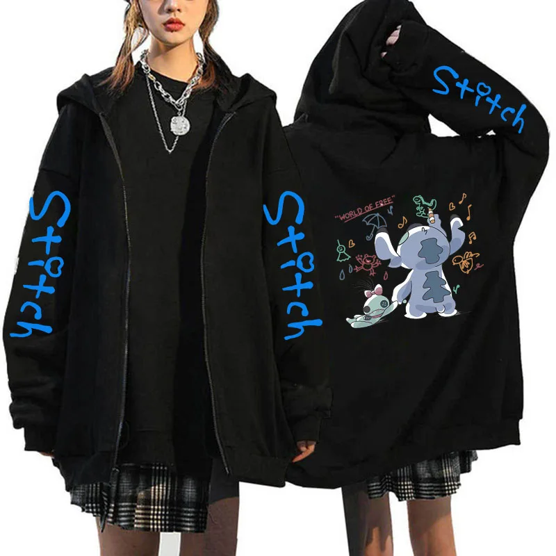 Oversized Sweater Women's Clothing Free Shipping Disney Lilo & Stitch Pattern Zip-Up Hoodies Autumn Winter Long Sleeve Warm Coat 6