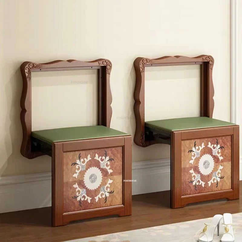 Creative Folding Bath Chair Wall-mounted Shower Seats American Retro Shoe Changing Stool Household Porch Solid Wood Carved Stool 2