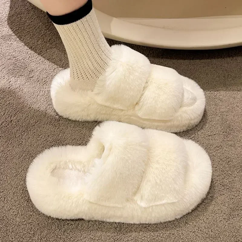 Winter Fluffy Slippers Women 2024 New House Home Fur Slippers For Women Flat Platform Cozy Fuzzy Indoor Shoes Korean Slides — view 4