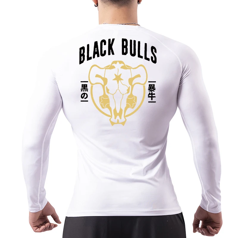 Black Bull Print Compression Shirts for Men Athletic Quick Dry Baselayers Undershirt Gym Workout Running Rash Guard Tshirt Tops