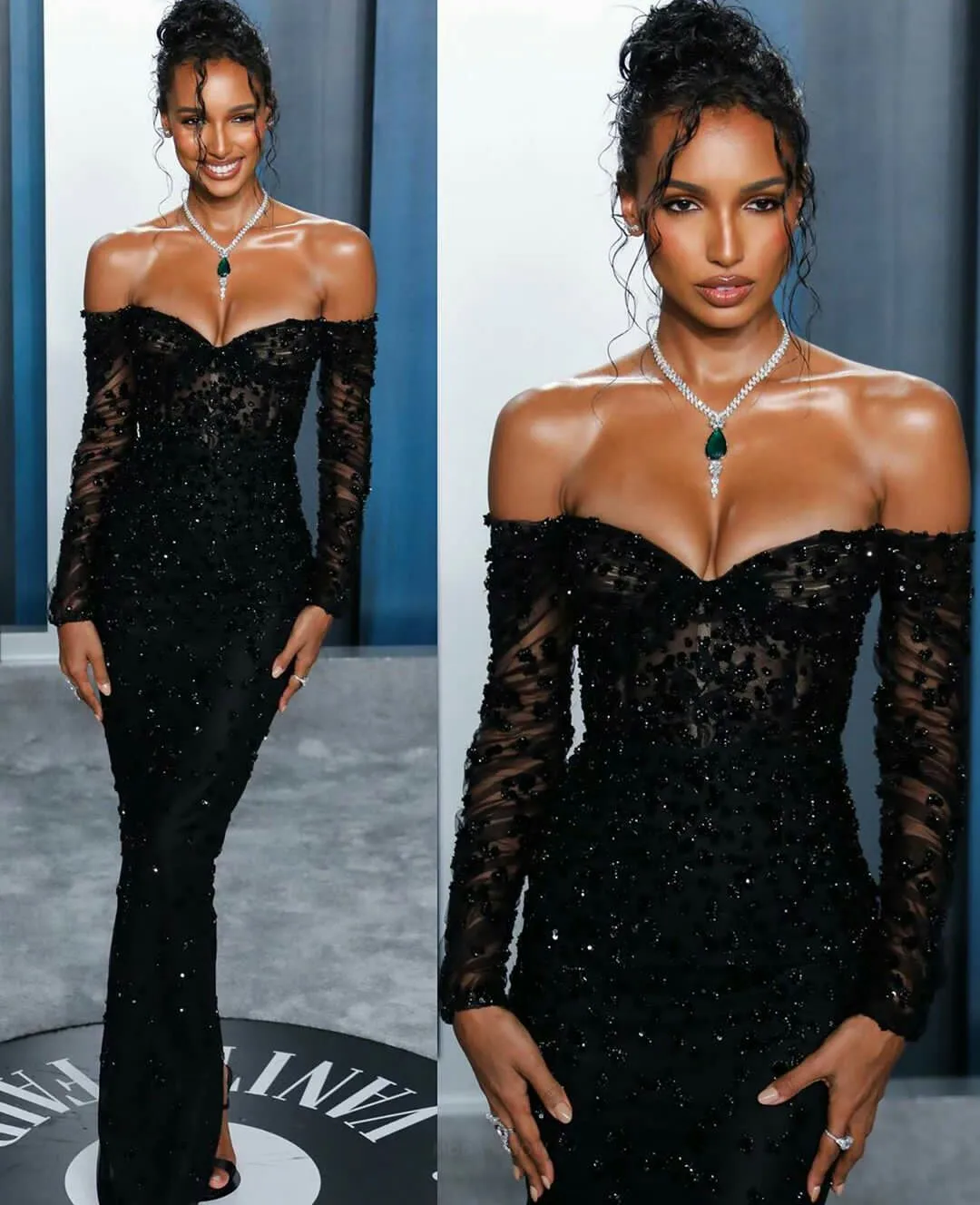 

Black Sheath Evening Dresses Long Sleeves Off The Shoulder Pearls Crystals Beaded Back Split Sexy Celebrity Party Gowns