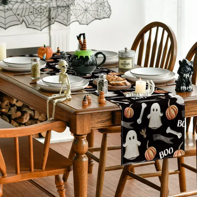 2023 Halloween Fiberflax Table Runner and Placemat Set - Washable Tablecloth with Pumpkin and Ghost Design for Dining Table Decoration - Image 2