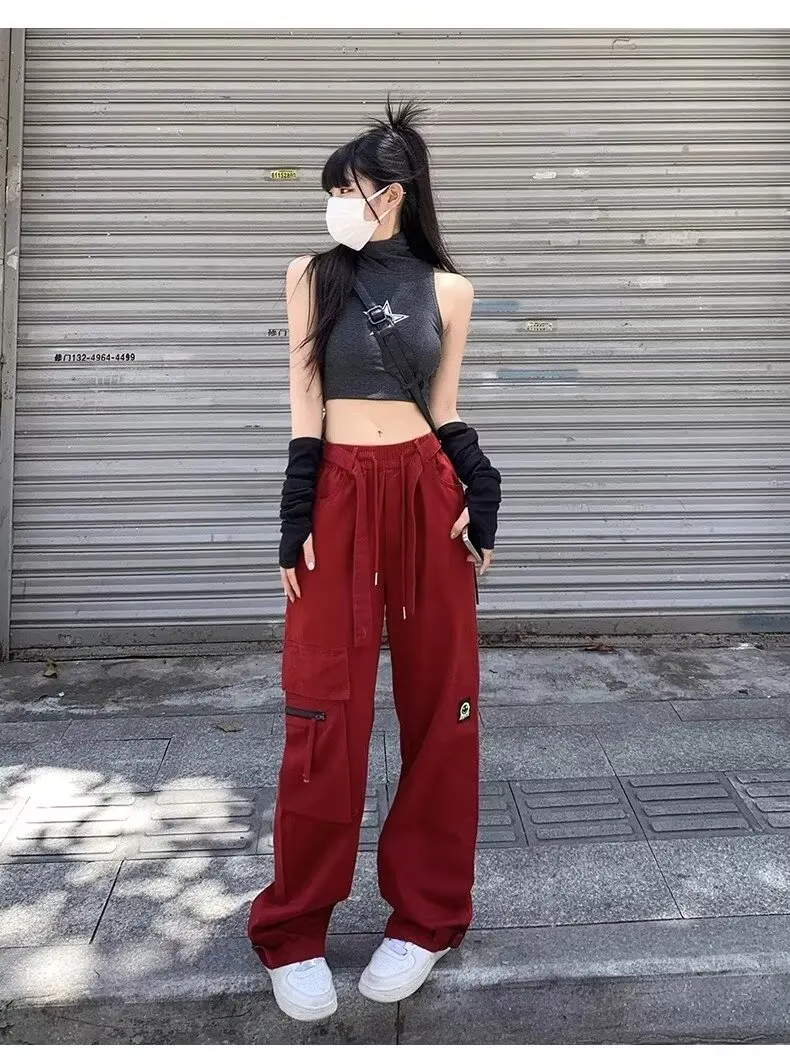 【新品未使用】DRESS CAMP RED stretch pants y2k Y2K Red parachute pants Big Pockets Trousers Sweatpants High
