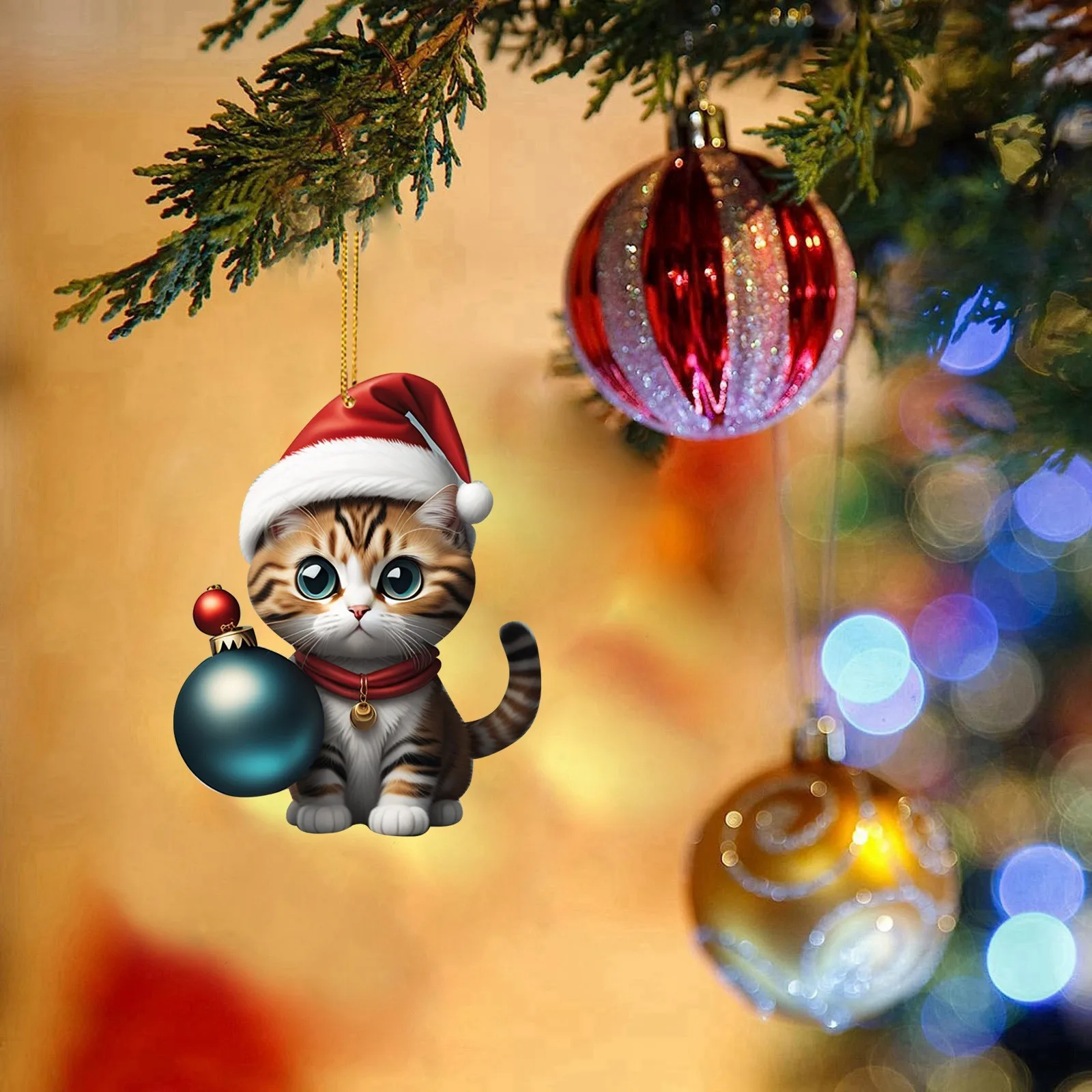 

Double Side Printing Acrylic Cartoon Funny Cat Christmas Tree Pendant Cute Ornament Christmas Decorations Accessories Party Gift