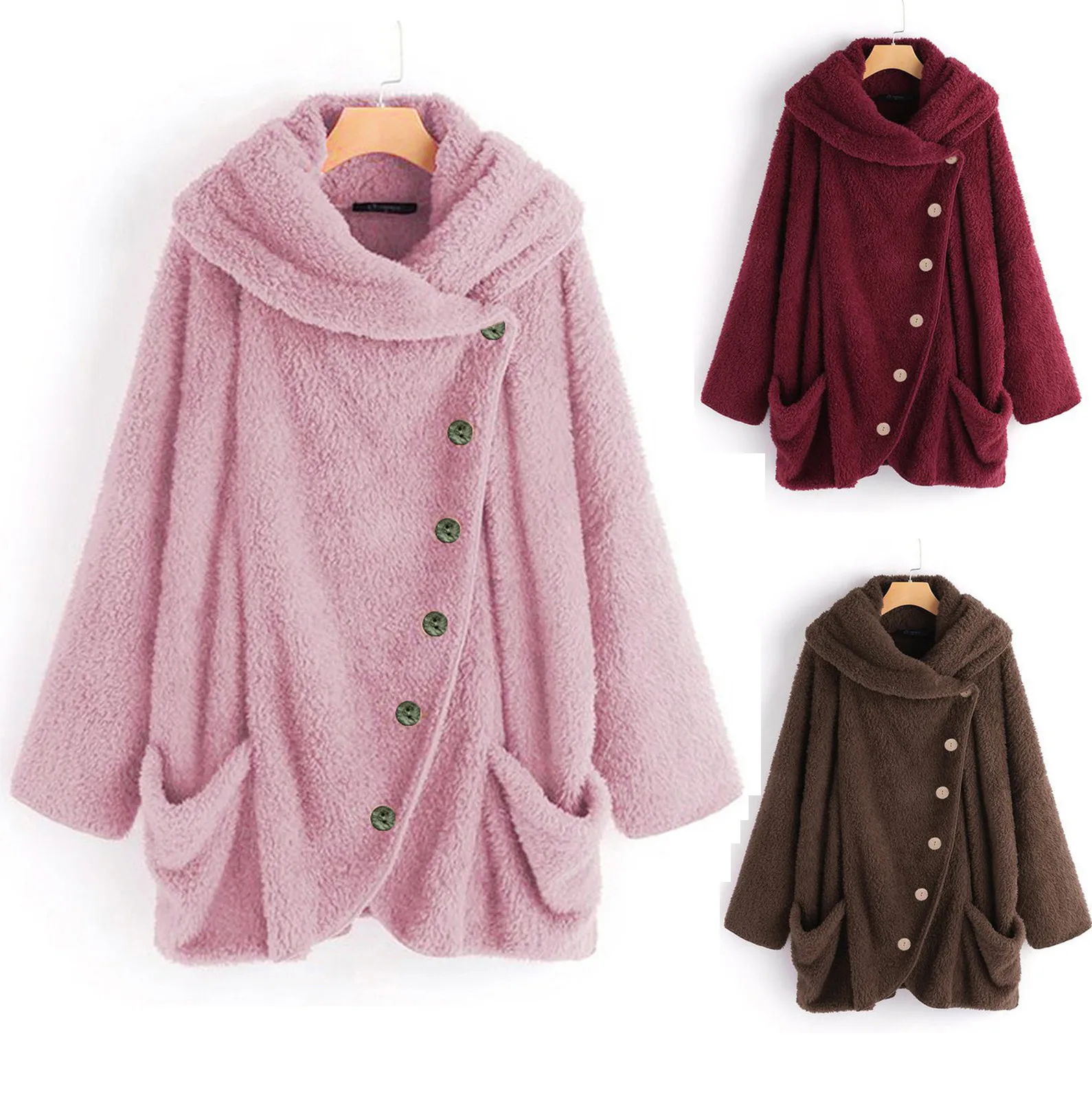

pink Women'S Coat Winter Plus Velvet Jacket kawaii Cute Cats Ears Hooded Irregular Buttons Jacket Thicken Fleece Coat Outwear