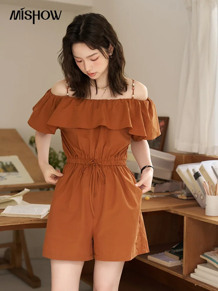 MISHOW 100 Cotton Off Shoulder Suspender Jumpsuit 2023 Summer Rompers&Playsuits Waist Drawstring Wide Leg Short Pants MXC38K0109