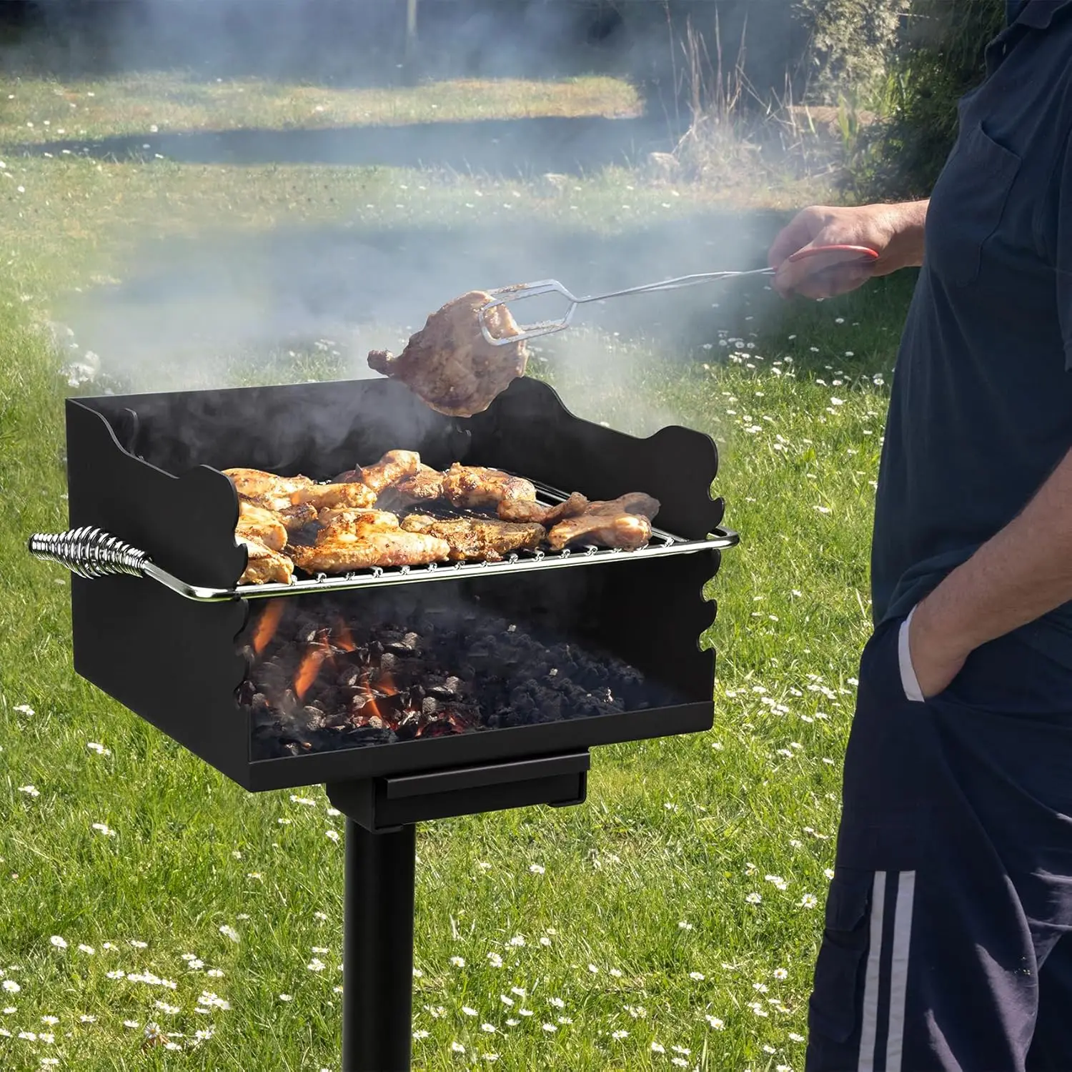 Park-Style Charcoal Grill, Heavy Duty Steel Outdoor BBQ Park Grill with Stainless Steel Cooking Grate and Post for Backyard