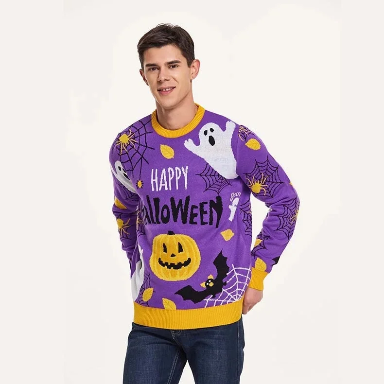 

Men Knitted Sweater Halloween Pumpkin Print Long Sleeve Jumper Fall Casual Pullovers Tops Men's Clothing Letter Sweaters