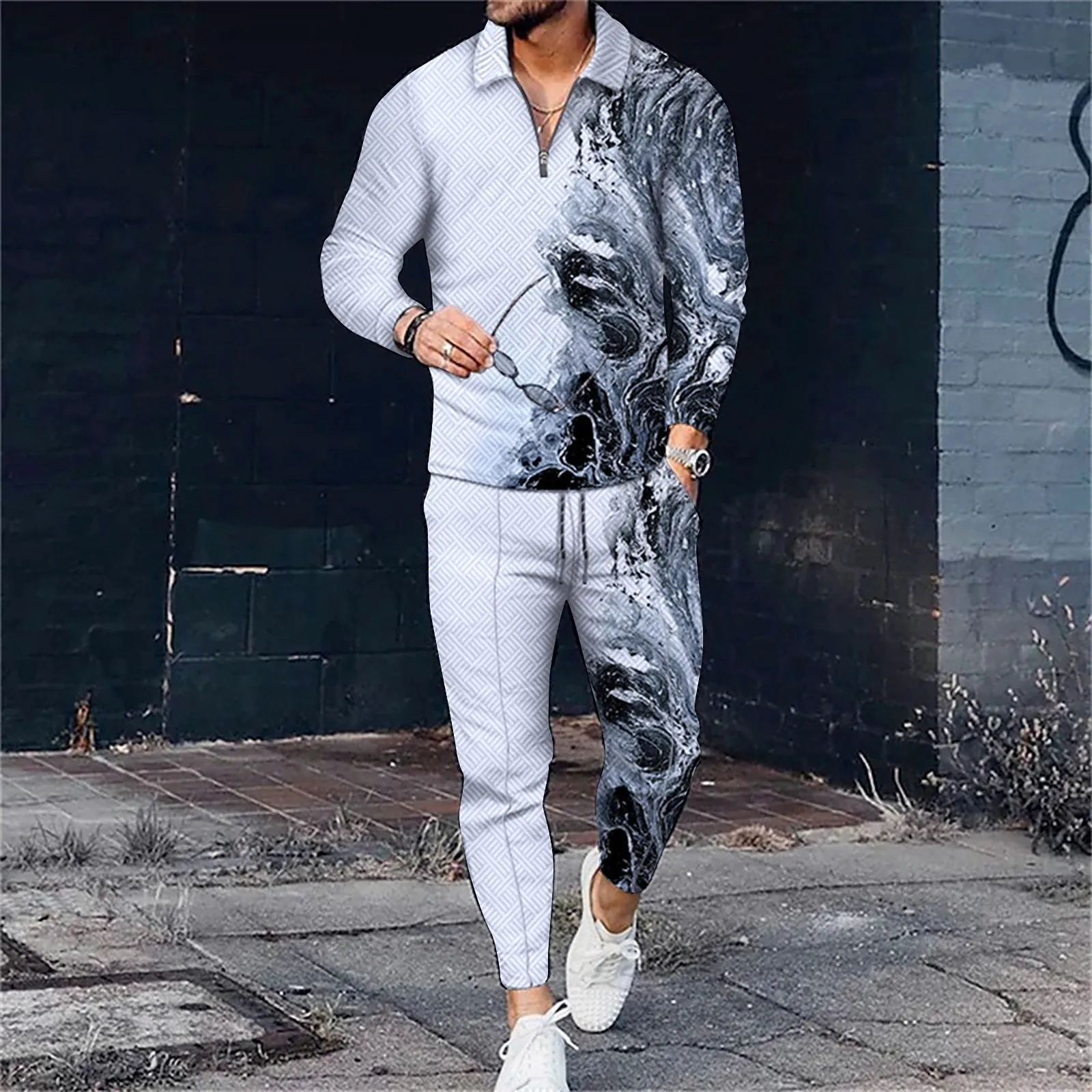 

Male Casual 3d Print Two Piece Suit Zipper Collar Long Sleeve Top Blouse Drawstring Pocket Pants Set Male Autumn Street Suits