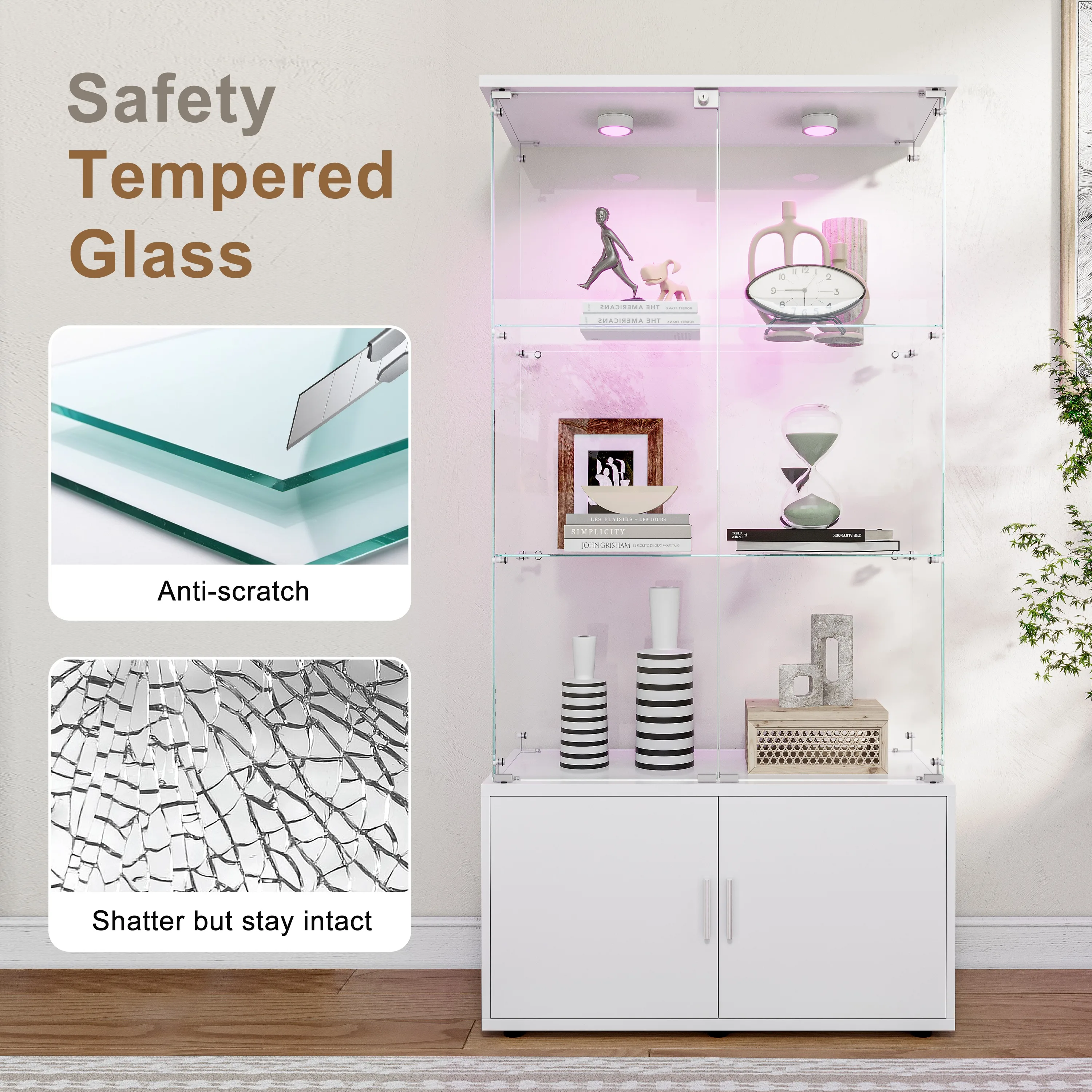 Rosahqnda Glasvitrine mit LED-Beleuchtung, 4 Ebenen & 2 abschließbare Türen, moderner Holzschrank für Sammlervitrinen – Detail 13