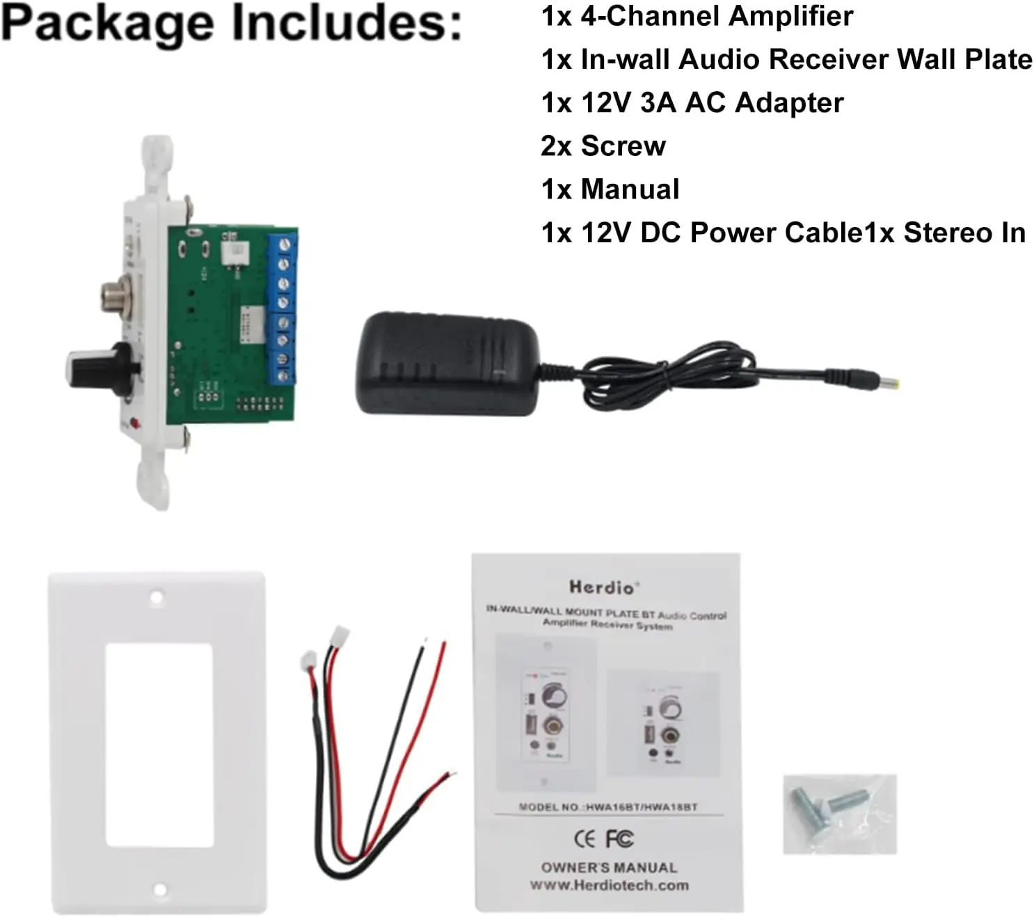 Herdio Bluetooth Wall Amplifier 4 Channels Volume Control Wall Plate USB/MIC/AUX 3.5mm Inputs Connect 4 Speakers With 12V 3A audio amplifier