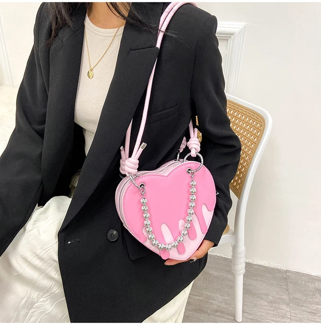 Rose Pink Heart Shaped Handbag, Pink Heart Pearl Strap Bag