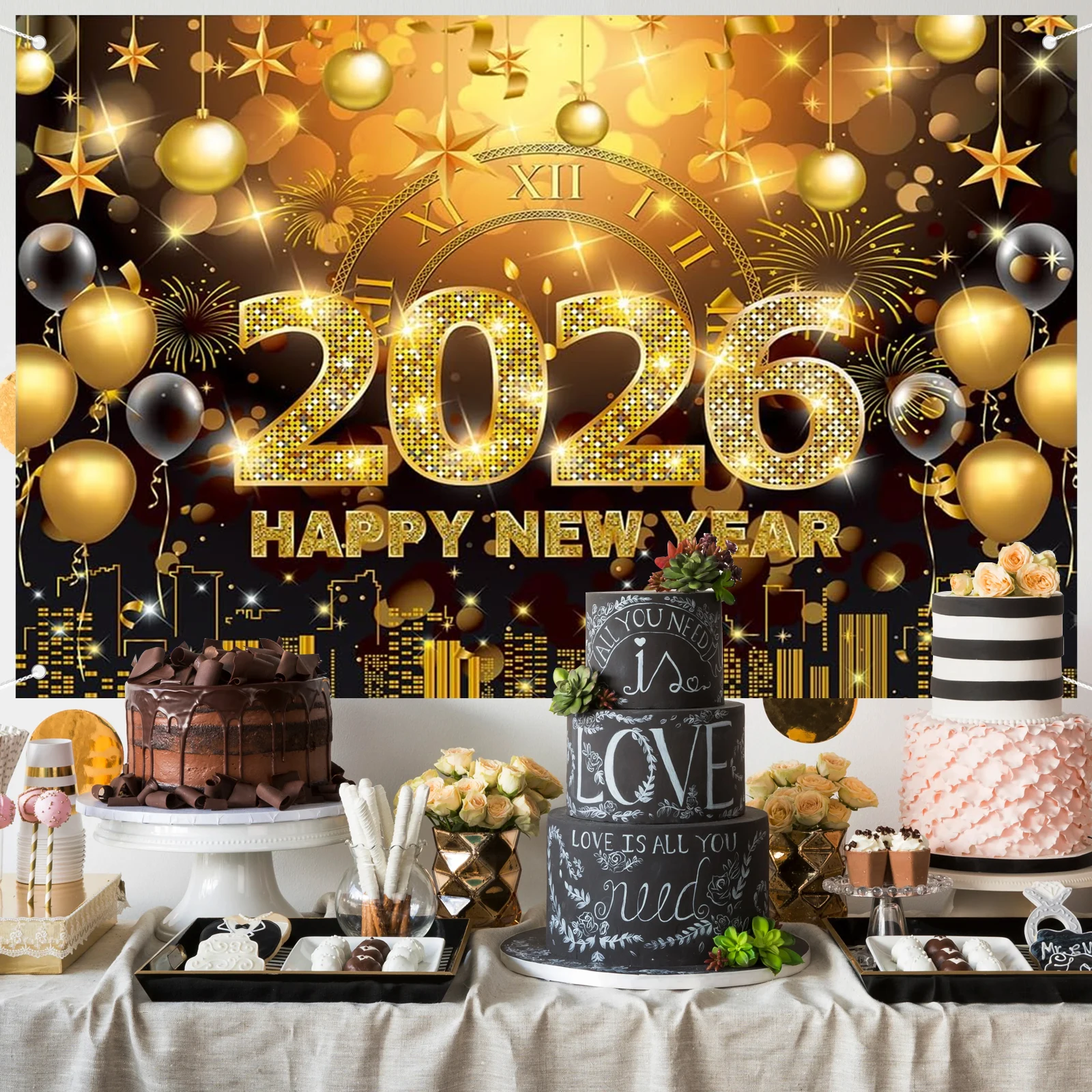 2026 Happy New Year Banner Backdrop Black and Gold New Years Eve ...