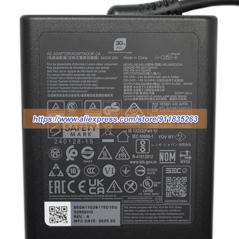 레노버 리전 프로 5 노트북용 오리지널 ADL245SDC3A ADL245SCC3A ADL245SLC3A AC 어댑터 20V 12.25A 245W SA11Q29115 5A11Q29116