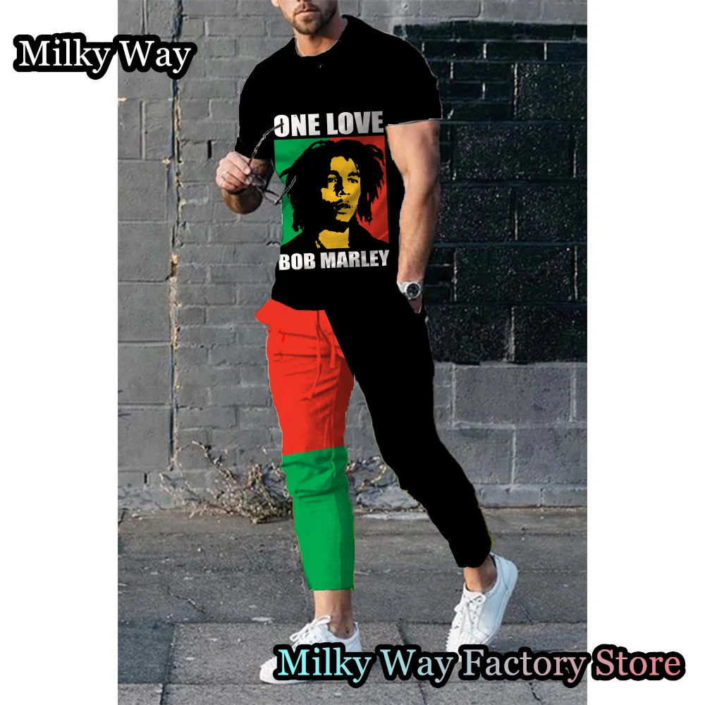 Men's Summer Bob Marley Tracksuit T-Shirt Trousers Set Male Fashion Suit Casual Streetwear Vintage Outfit Reggae Music Clothing