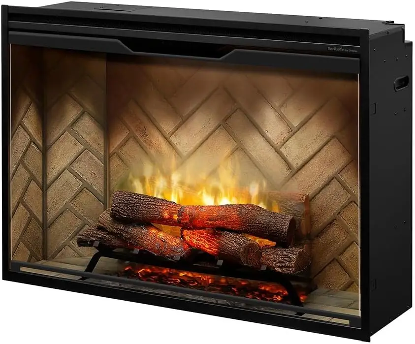 42 Inch Built-in Electric Firebox Herringbone Brick Background Includes Realistic Faux Logset Front Glass Panel Firebox