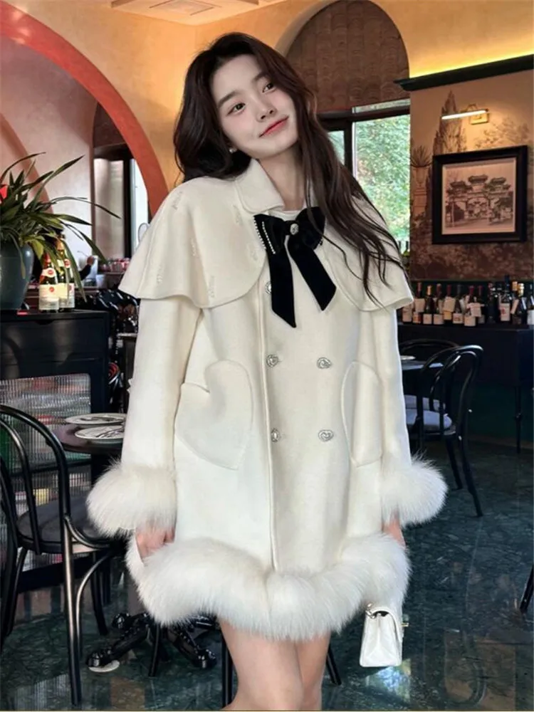 

Fall Winter Celebrity Elegant Tweed Coat Fur Hem Double Breast Loose Long White Wool Cloak Cute Bow Fashion Warm Trench Overcoat