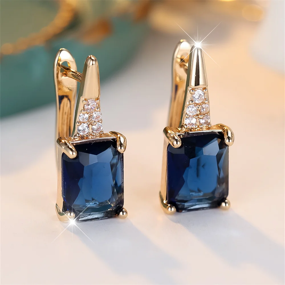 Charm Blue Crystal Geometric Square Stone Hoop Earrings For Women Vintage Gold Color Ear Buckle Wedding Jewelry Engagement Gifts