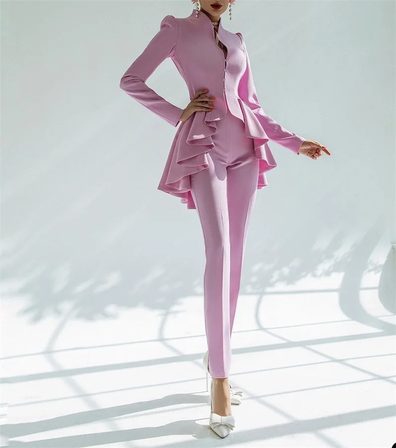 Designer Women Suits Pant Set Blazer + High Waist Trousers Tailored Made Wedding Tuxedo Prom Dress Ruffles Tiered Formal Jacket women suit set