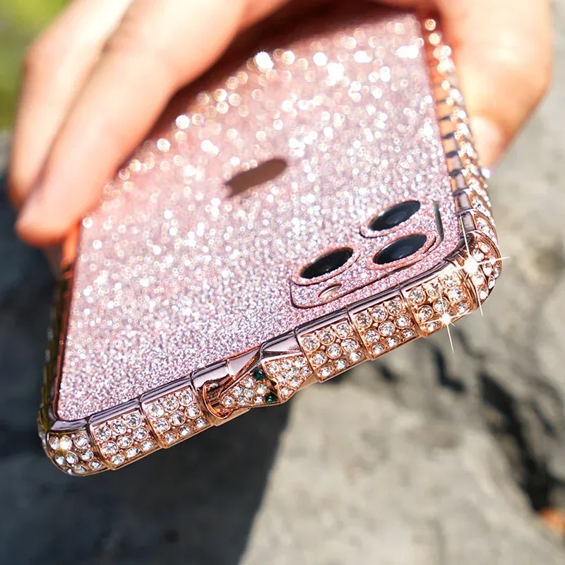 Phone Case iPhone Case Rhinestone Metal Bumper Glitter Diamond Case for iPhone 13 14 15 16 Pro Max Glitter Rhinestone Diamond Bling Crystal Cover Frame