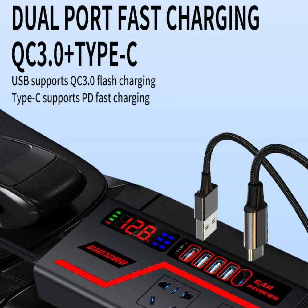 유니버설 차량용 인버터 DC 12V/24V to 220V 200W 고출력 차량용 변환기 디지털 디스플레이 QC 3.0 USB/타입 C 충전기 전원 어댑터