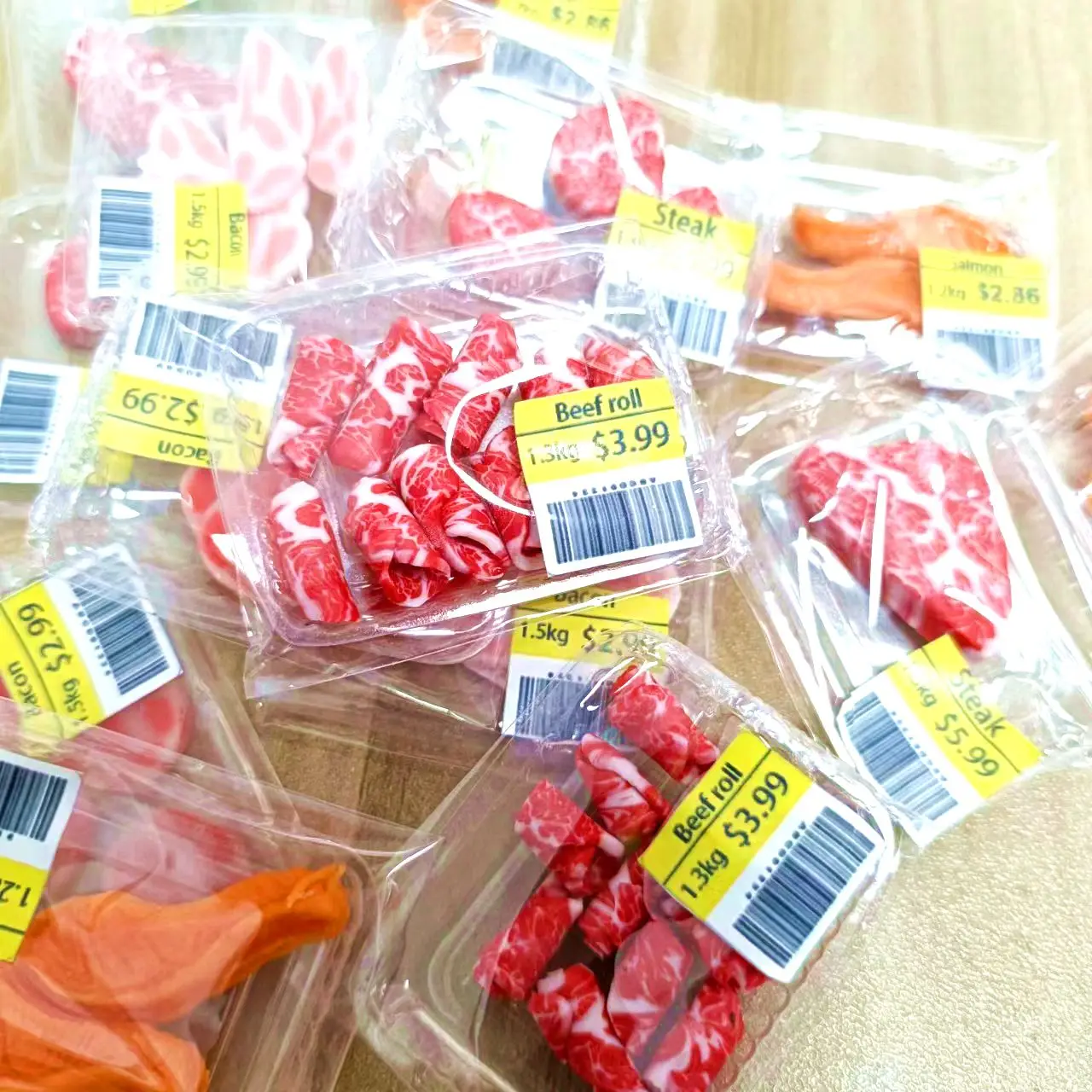 New Miniature Supermarket food simulation beefsteak salmon Bacon  beef roll for Doll House Mini Kitchen Clay food Accessories 4