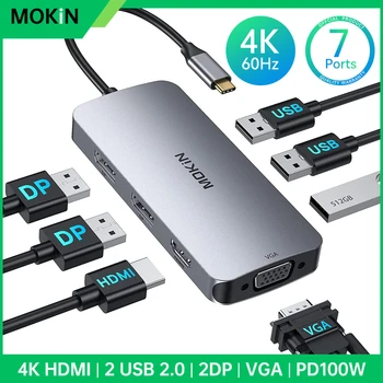 MOKiN 노트북 도킹 스테이션 듀얼 모니터 어댑터, 맥북 델, HP, 레노버용, USB C 허브, 2 HDMI, VGA, USB A & C 2.0 ,PD 100W
