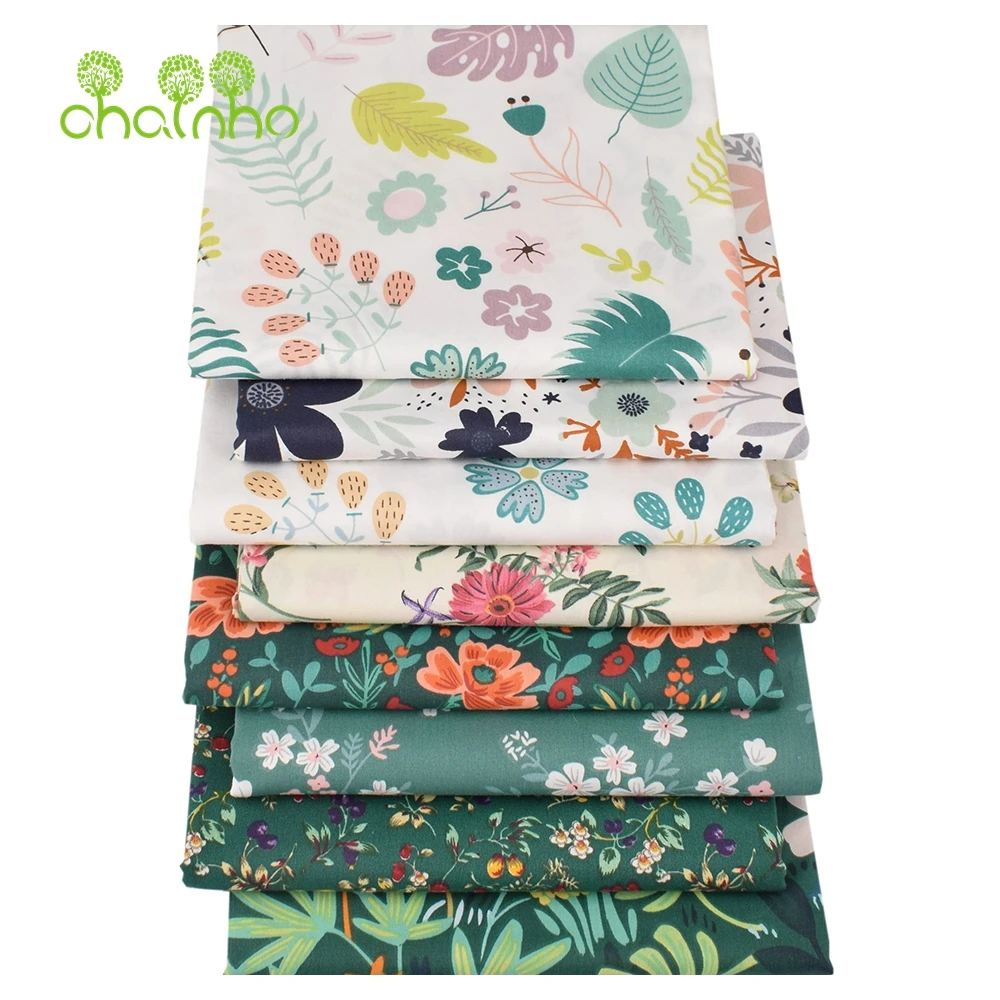 Chainho,Printed Twill Weave Cotton Fabric,Patchwork Cloth,DIY Sewing Quilting Material,Green Floral Series,4 Specification,CC271