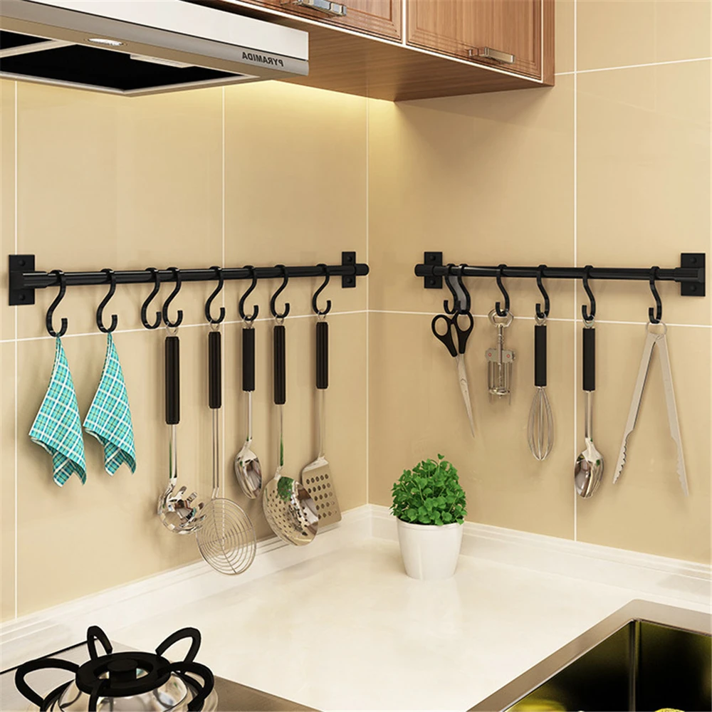 

Kitchen Wall Hook Organizer Punch-free Black Hanging Rod with Movable Hooks Cooking Tools Storage Rack for Spatula Spoon Lid