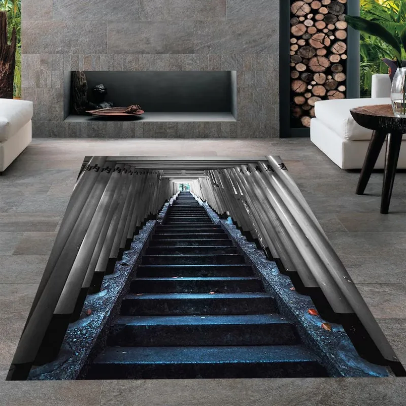 שטיח מדרגות אבסטרקטי מודרני בצבע כחול, שטיח אילוזיוניסטי לסלון, הצהרה מדהימה שמערבבת מציאות ודמיון