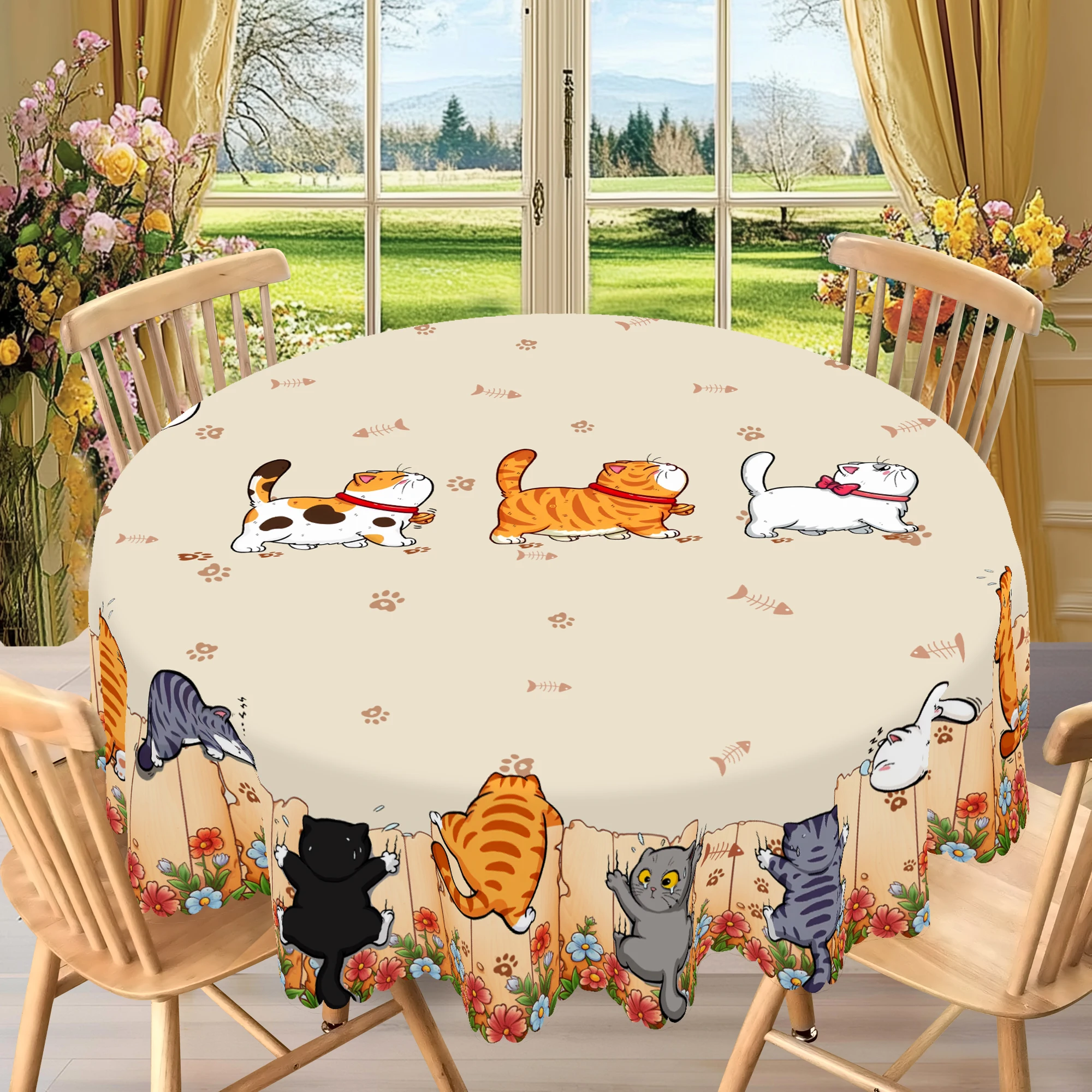 1 Piece of Cute Cat Round Tablecloth, 5 Sizes Available,Cute Cartoon Cat Pattern Printed Desk Tablecloth, Edge Embossing Process 3