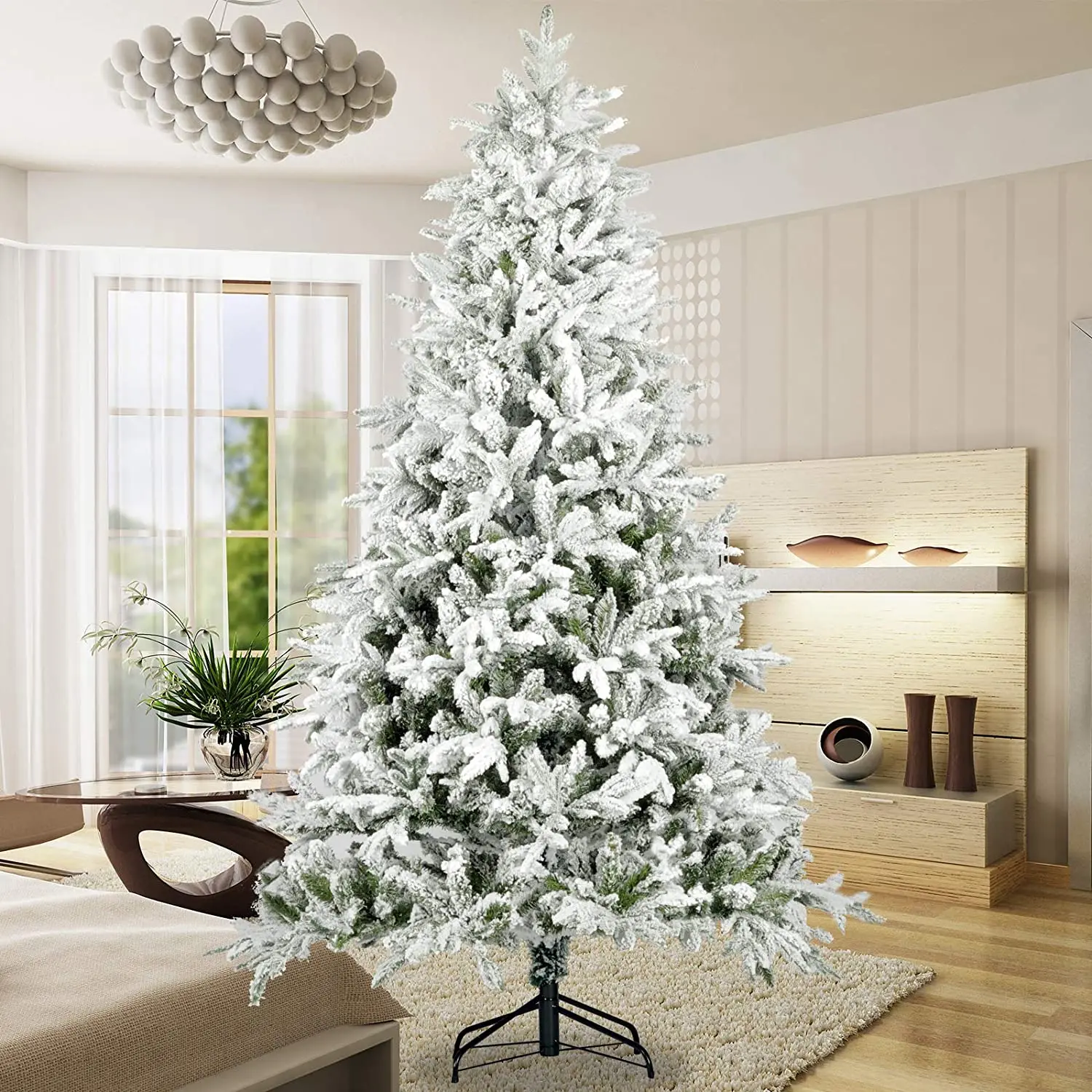 

Snow Flocked Christmas Tree 7FT Artificial Hinged Pine Tree with White Realistic Tips Unlit[US-Stock]