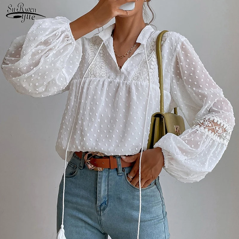 

Elegant Lace Splicing White Shirts Blusas Spring Lantern Long Sleeve Lace-up Loose Chiffon Blouse Women Office Tops Female 23214