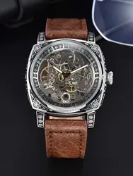LONGLUX Retro Style Skeleton Carve Leather Waterproof Automatic Men's Watch (Coffee silver)
