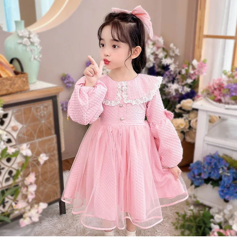 2 to 12yrs Girls Long Sleeve Dress Children Lapel Mesh Toddler Baby Princess Dress Little Girl