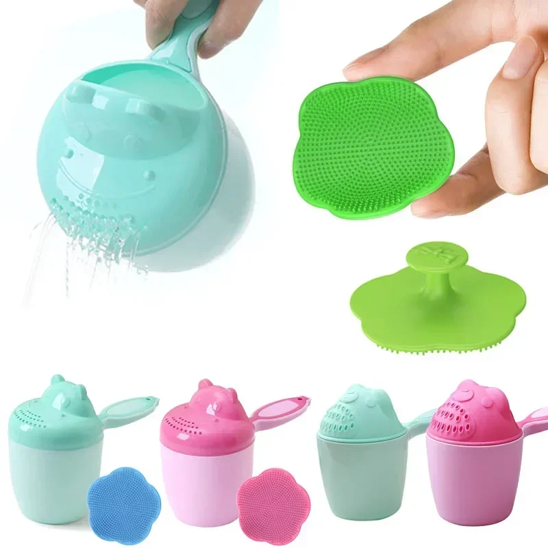 2pcs/lot Cute Cartoon Baby Bath Cup Comb Silicone Shampoo Brush Kids Shower Brush Head Child Washing Hair Cup Kids Bath Tool Set