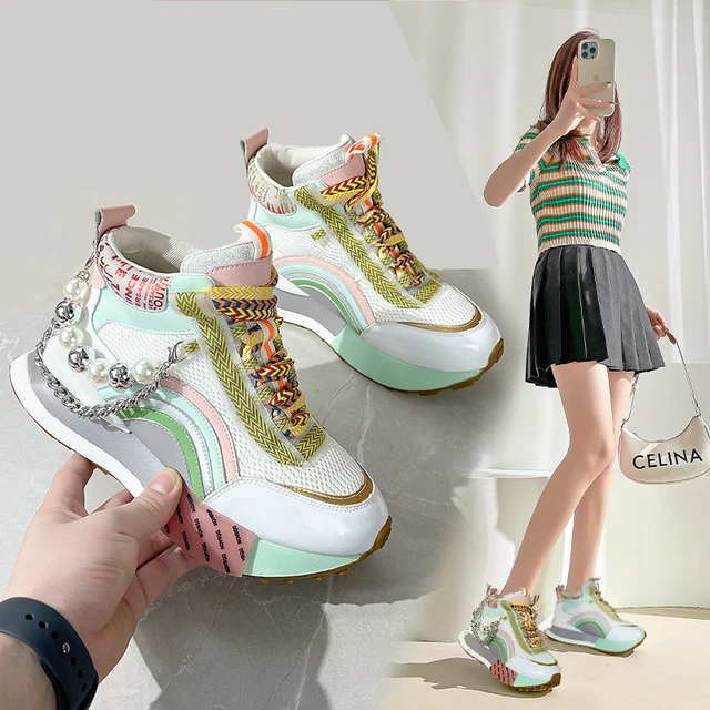 Women Chunky Sneakers 2022 Leather Fashion Pearls String Ladies